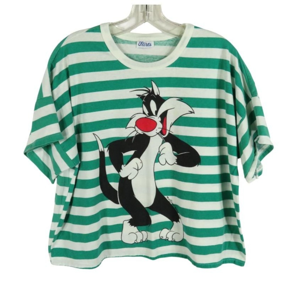 VTG 1993 Warner SYLVESTER CAT Green Striped CROP TOP T-SHIRT Single Stitch OS/M